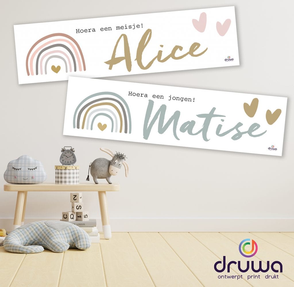Mock up wall in the children’s room with sofa in light white col Geboortebanner met regenboog