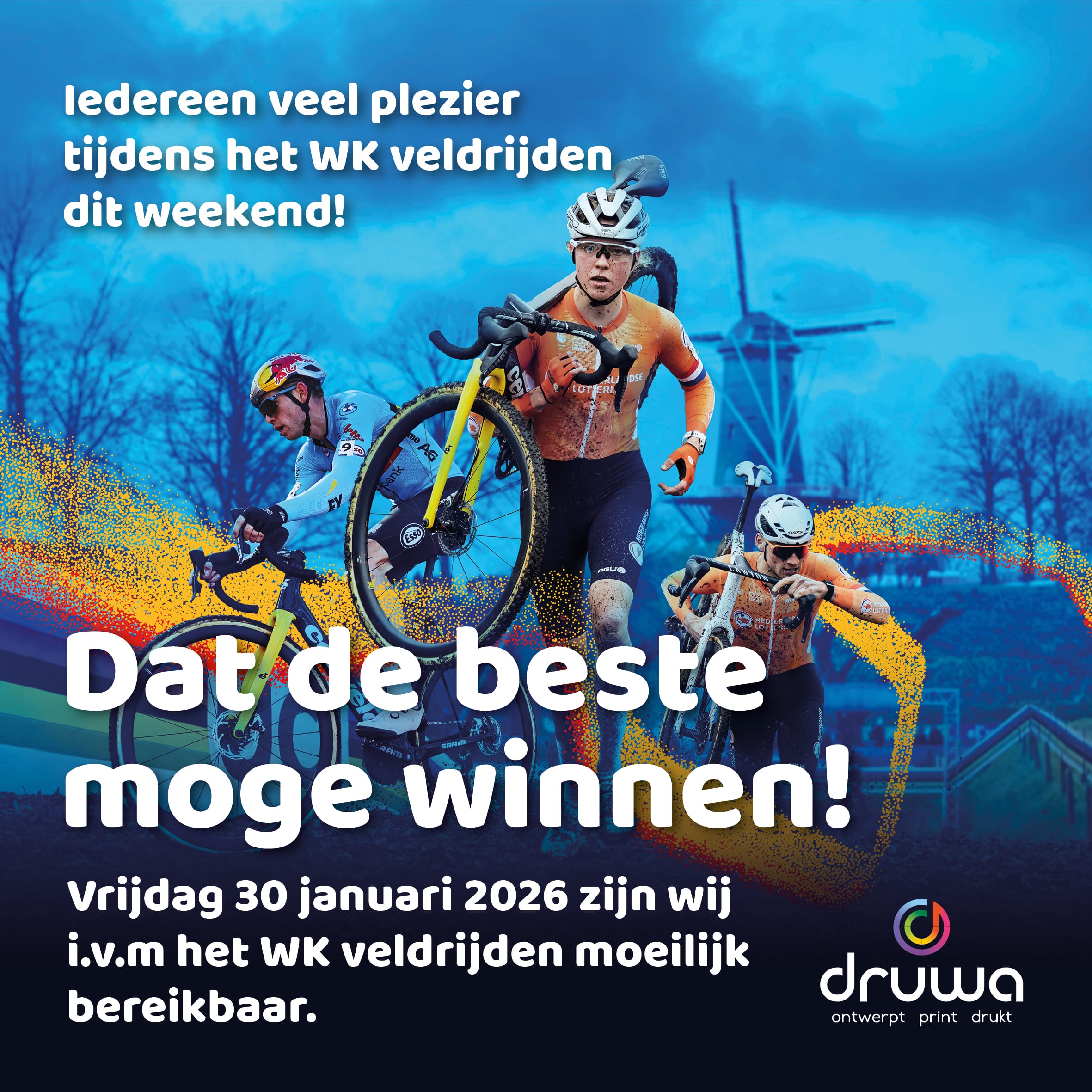 post-wk Dat de beste moge winnen! Wielrenners die aan het veldrijden zijn met de molen op de achtergrond.